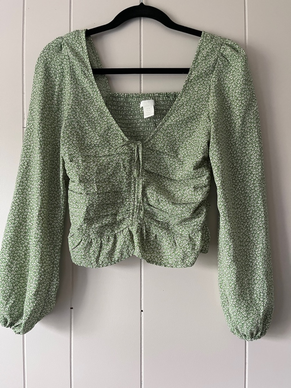 Smocked Green Floral Tie-Front Long Sleeve Top